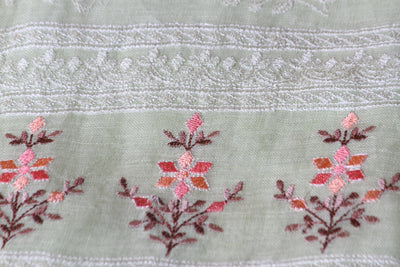 Green Linen Embroidered Unstitched  Kurta Dupatta Set