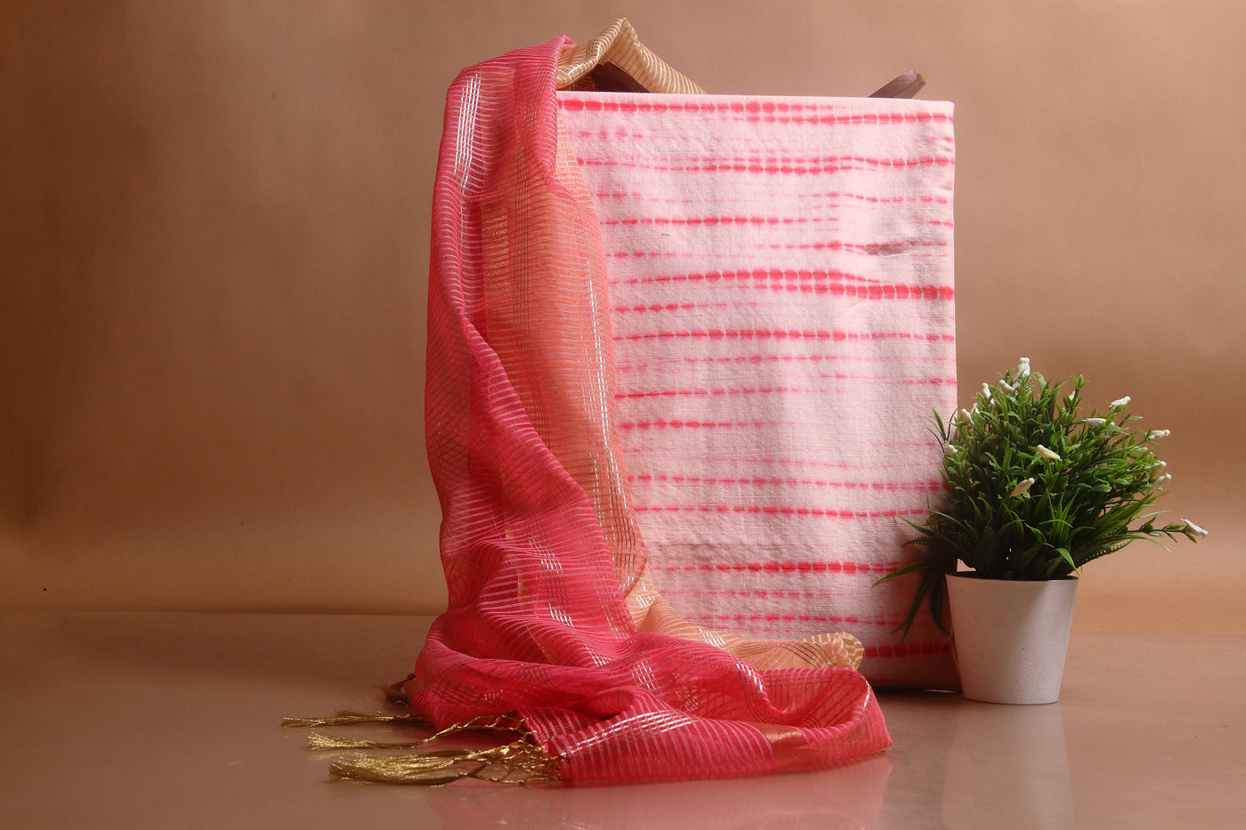 Pink Palm Silk Unstitched Kurta Dupatta Set