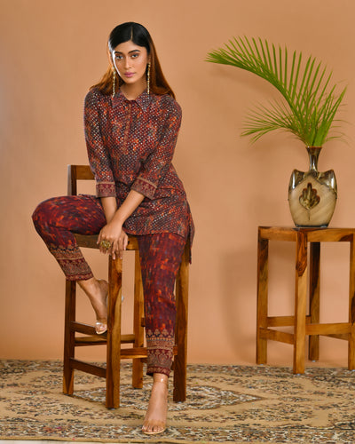 Rust Georgette Machine Embroidered Indo-Western Outfit