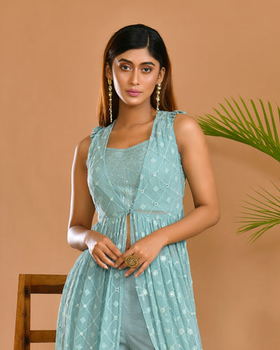 Aqua Georgette Machine Embroidered Indo-Western Outfit