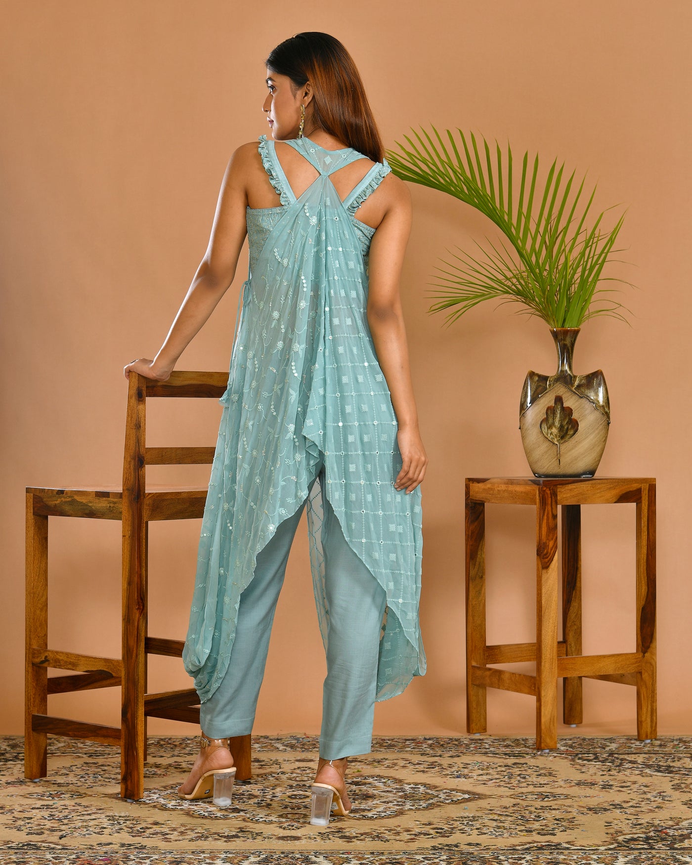 Aqua Georgette Machine Embroidered Indo-Western Outfit
