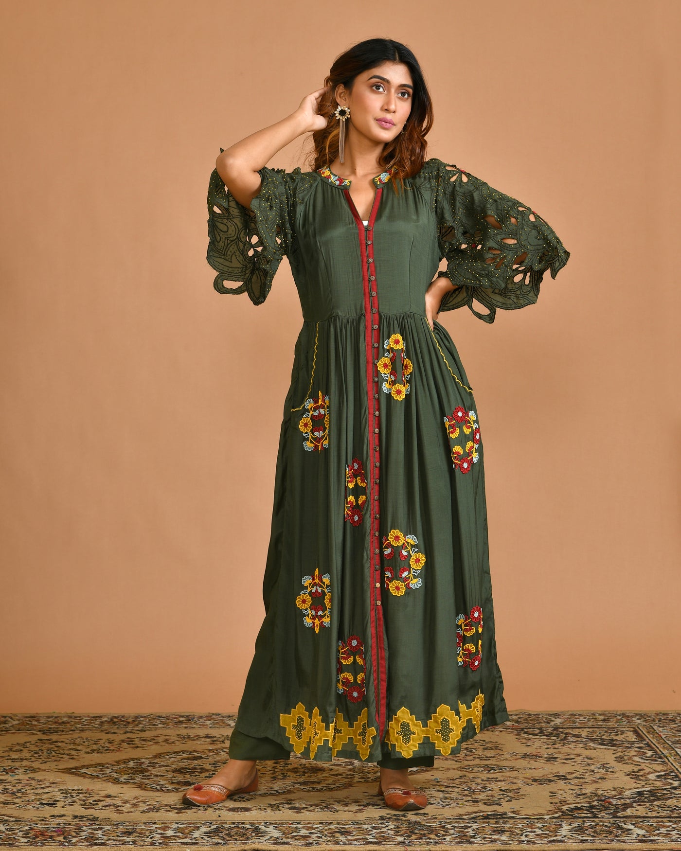 Green Dola Silk Indo-Western with Hand Embroidery