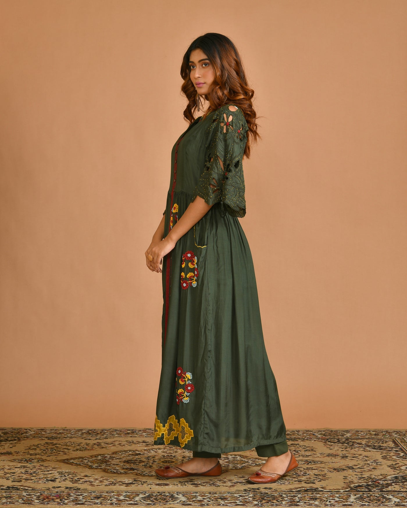 Green Dola Silk Indo-Western with Hand Embroidery