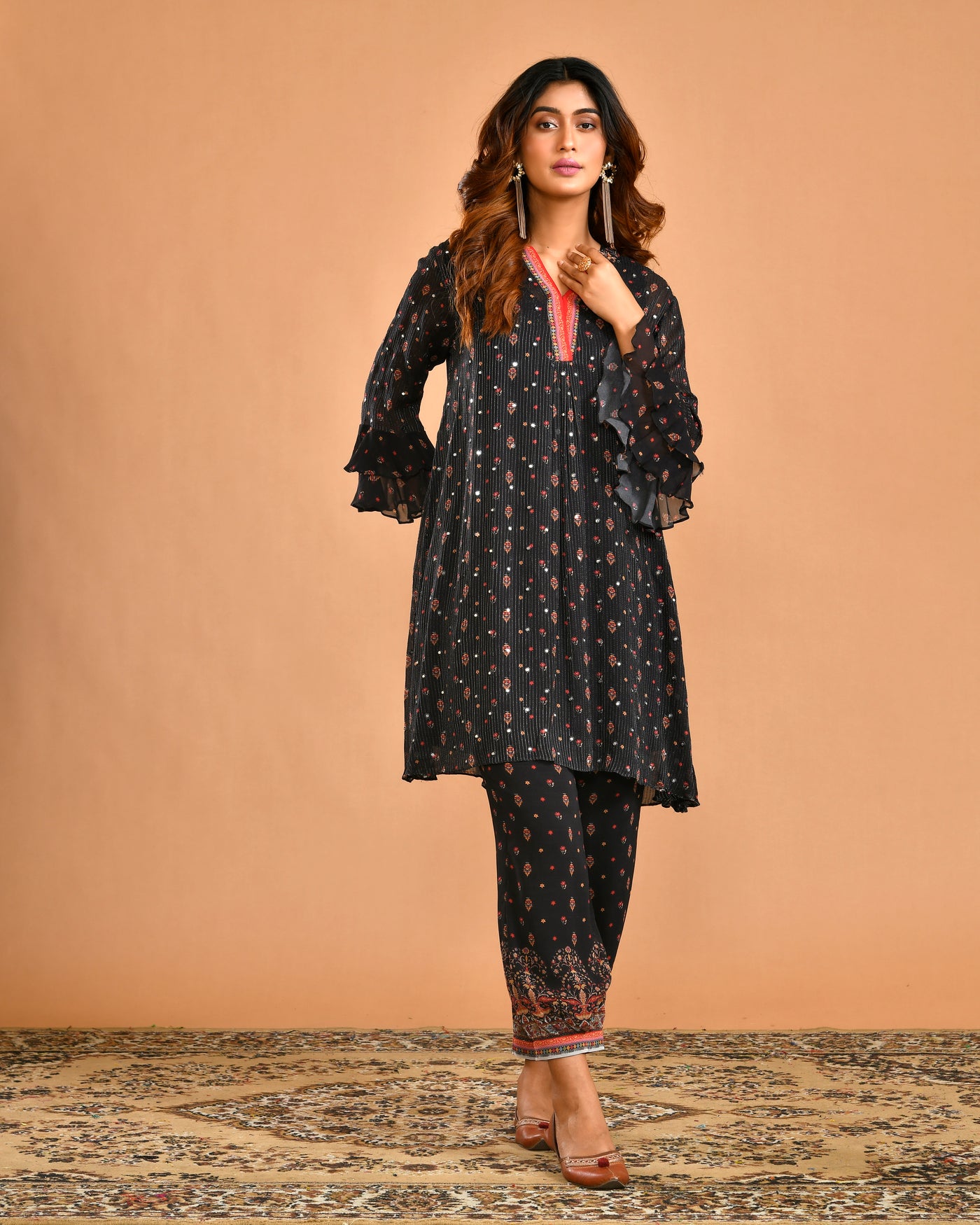 Black Georgette Indo-western Dress with Machine Embroidery