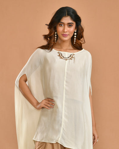 White Hand-Embroidered Chinnon Kape Indo-Western