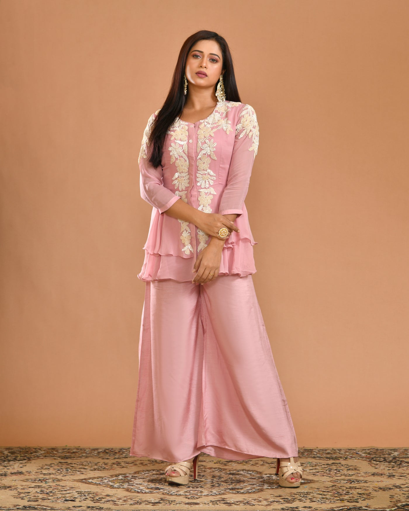 Pink Hand-Embroidered Indo-Western Dress