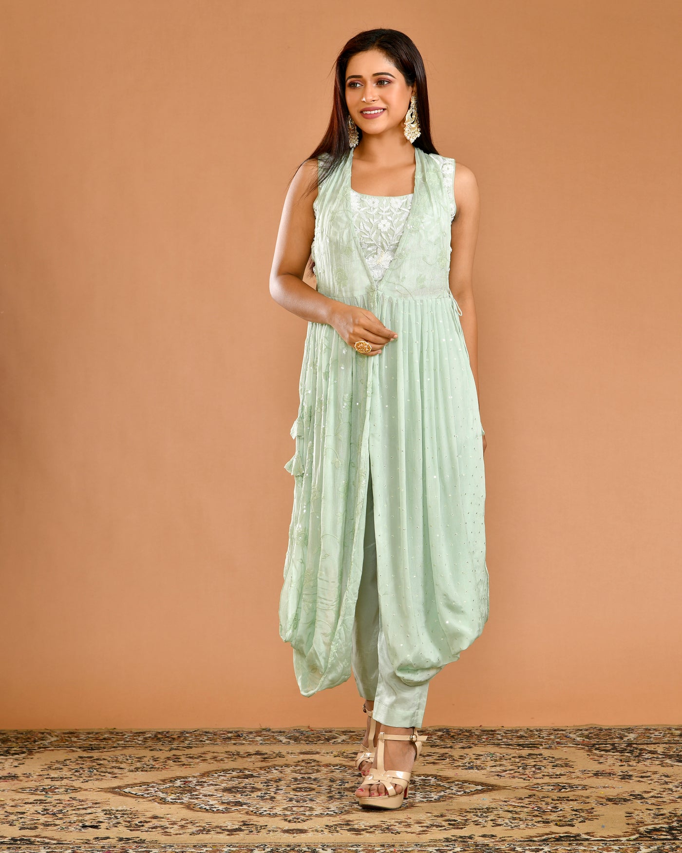 Green Chinnon Hand and Machine Embroidered Indo-western Outfit
