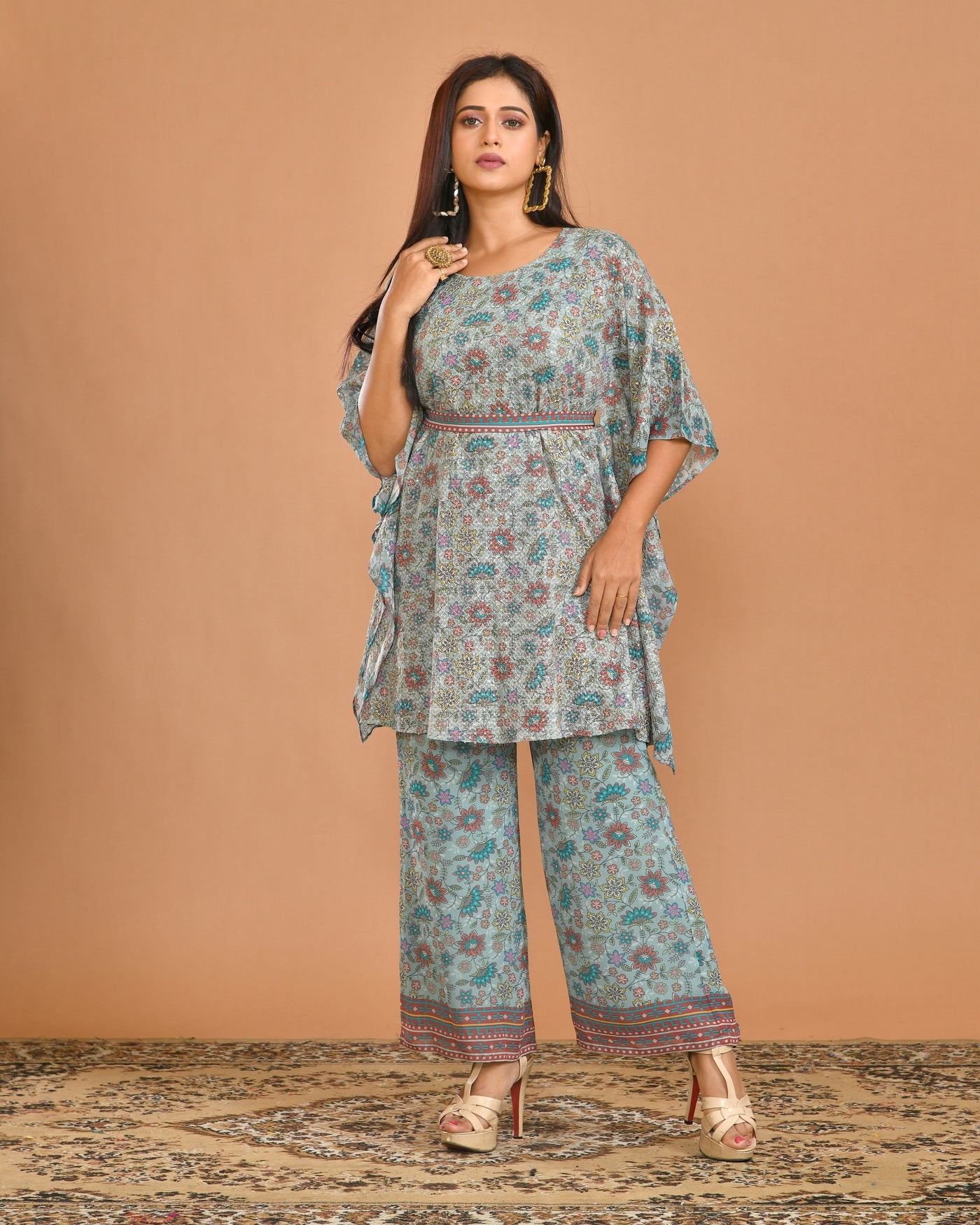 Aqua Digital Printed Georgette Kaftan Style Indo-western Outfit