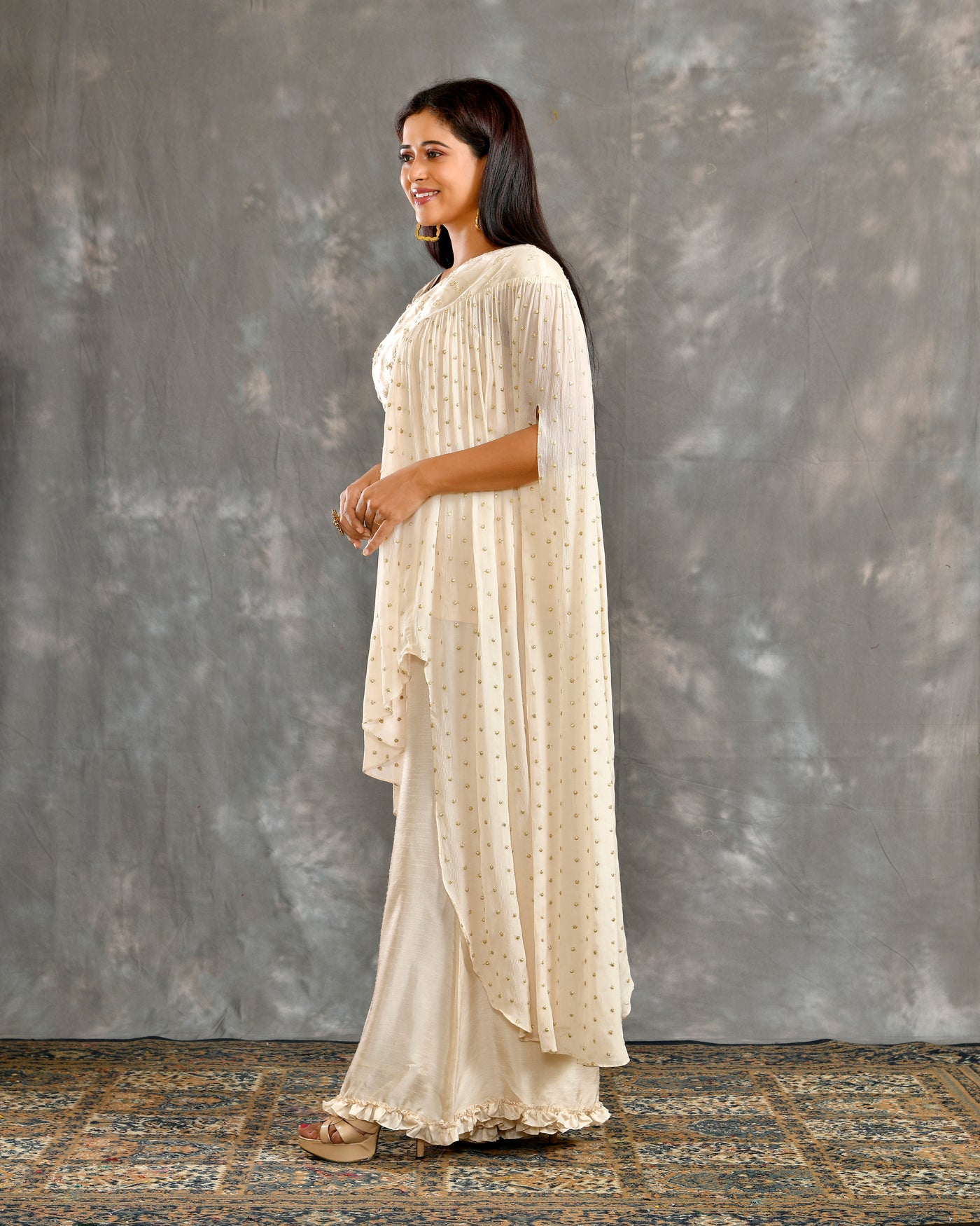 Elegant Chinnon Indo-Western Kape Style Dress in Off-White
