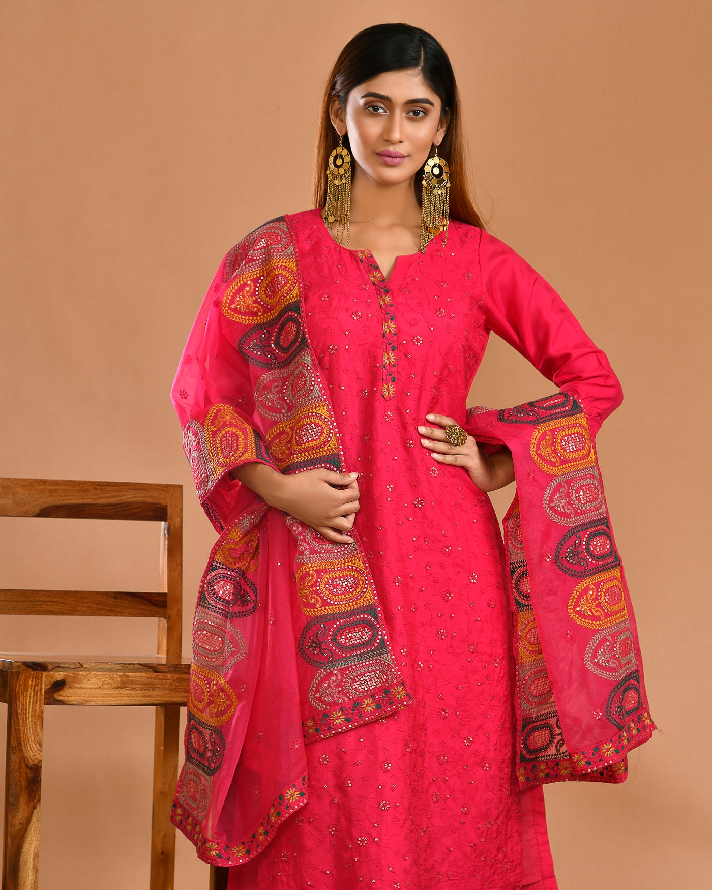 Red Dola Silk Machine Embroidery Ethnic Suit Set