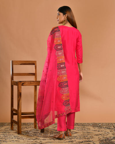 Red Dola Silk Machine Embroidery Ethnic Suit Set