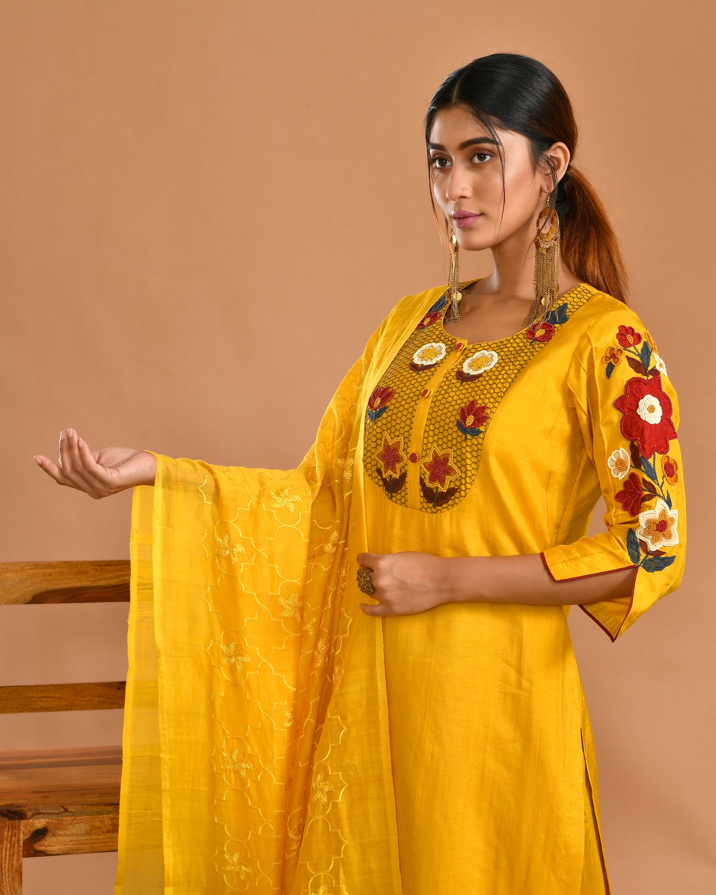 Mustard Dola Silk Hand Embroidery Ethnic Suit Set