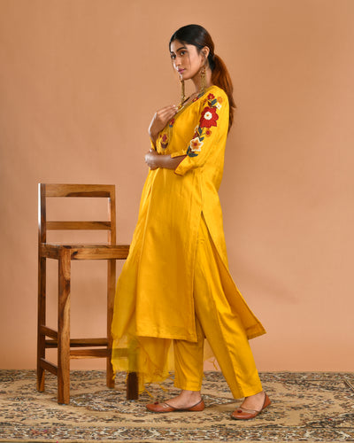 Mustard Dola Silk Hand Embroidery Ethnic Suit Set