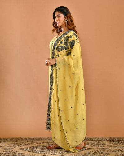 Mustard Dola Silk Machine Embroidery Ethnic Suit Set