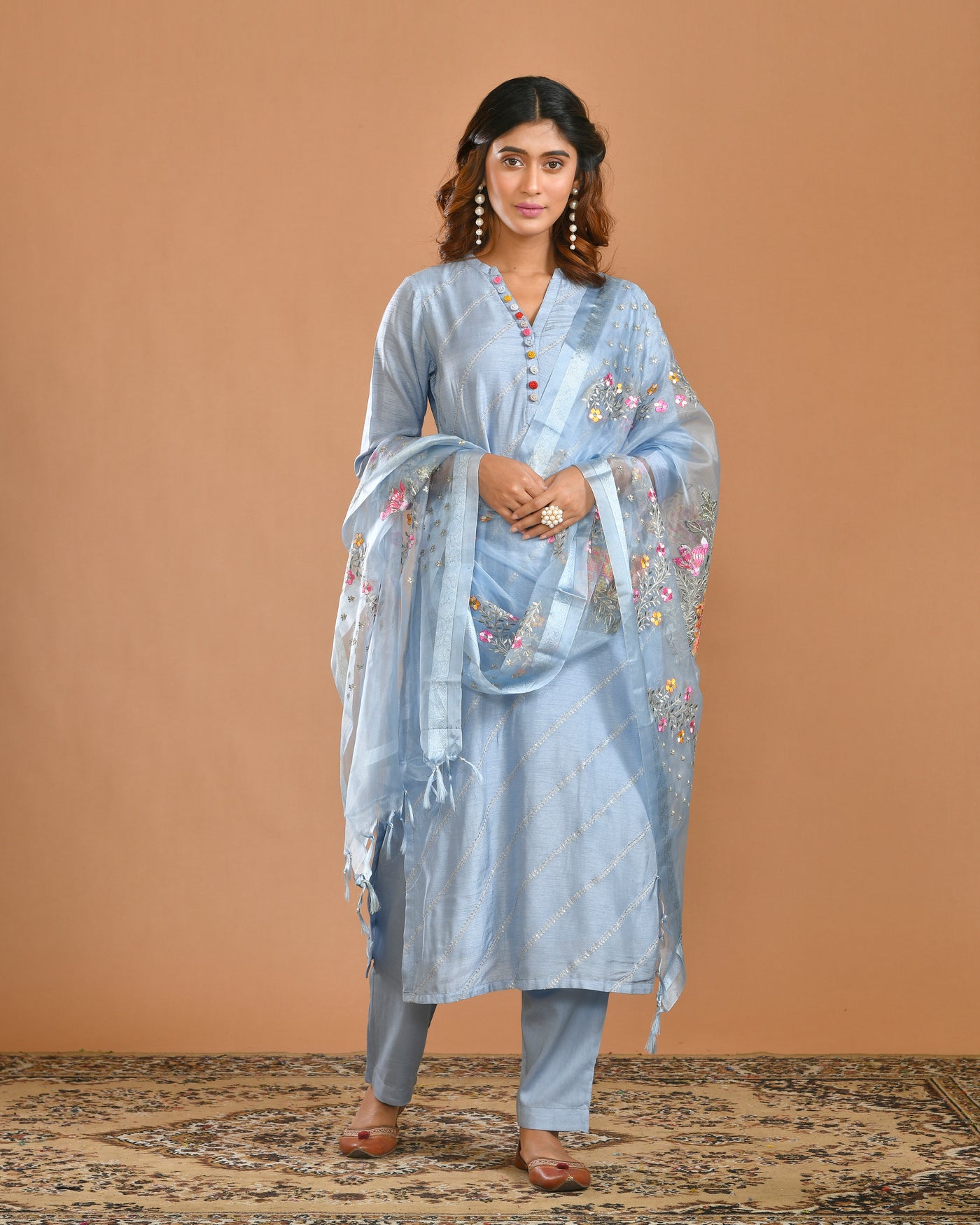 Sky Blue Dola Silk Hand & Machine Embroidery Ethnic Suit Set