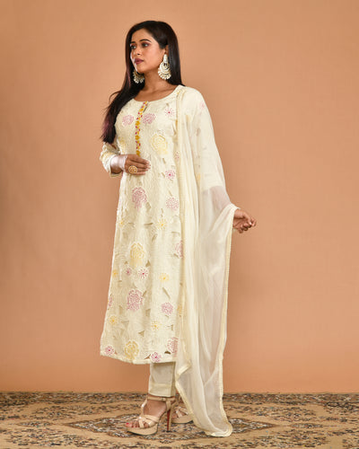 Off-white Dola Silk Hand Embroidery Cutwork Ethnic Suit Set
