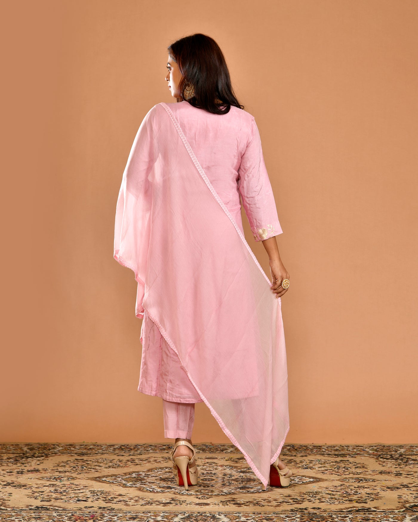 Pink Dola Silk Hand & Machine Embroidery Ethnic Suit Set