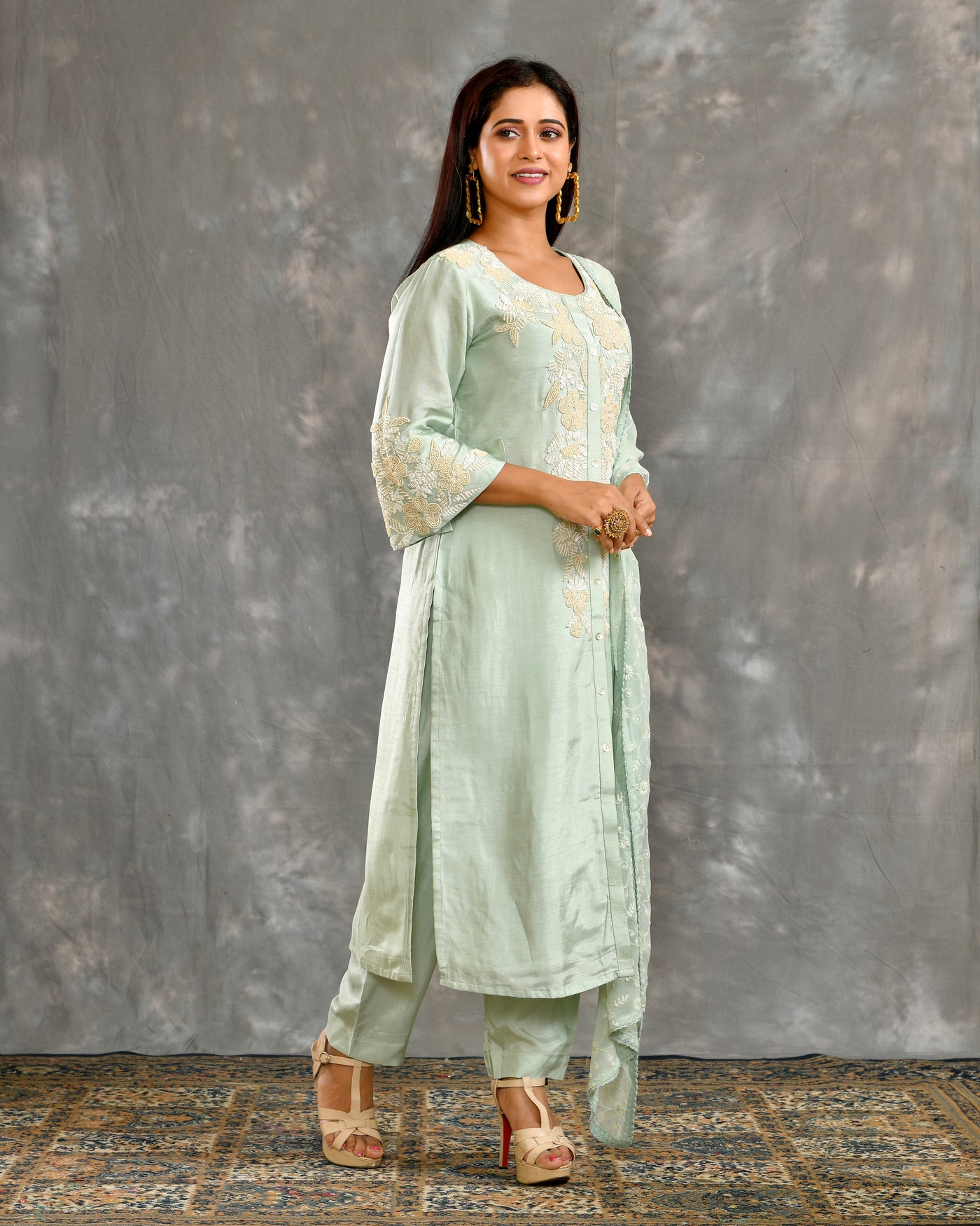 Green Dola Silk Hand Embroidery Ethnic Suit Set