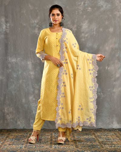 Yellow Cotton Hand Applique Embroidery Ethnic Suit Set