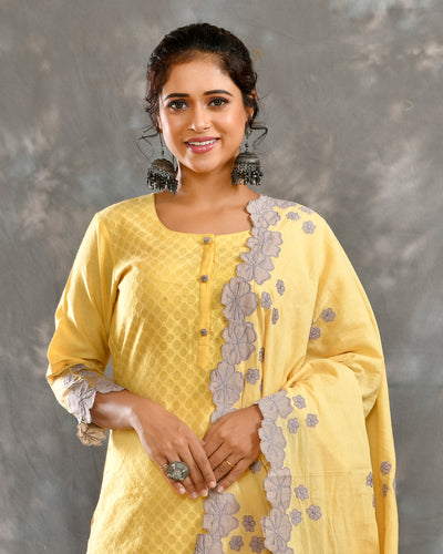 Yellow Cotton Hand Applique Embroidery Ethnic Suit Set