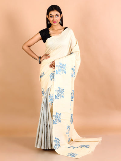 Off White Gachi Tussar Floral Embroidery Saree With Half Stripes