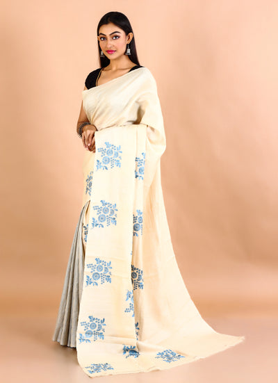 Off White Gachi Tussar Floral Embroidery Saree With Half Stripes