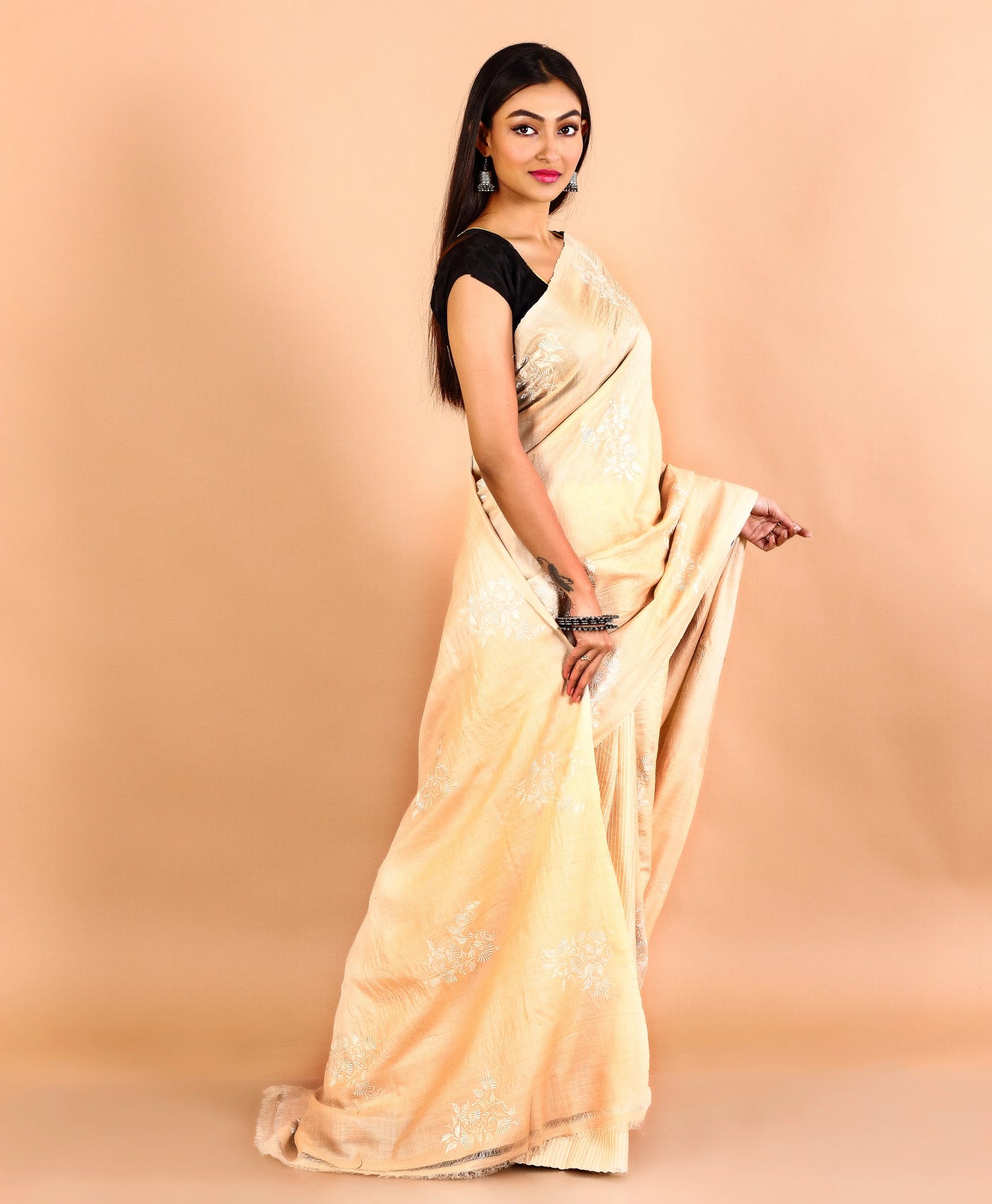 Beige Gachi Tussar Floral Embroidery Saree With Half Stripes