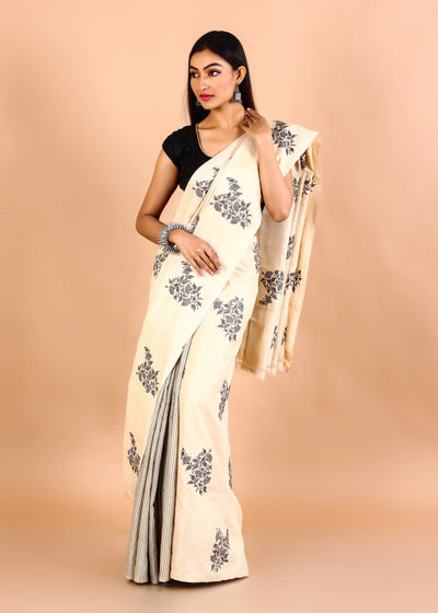 Beige Gachi Tussar Black Floral Embroidery Saree With Half Stripes