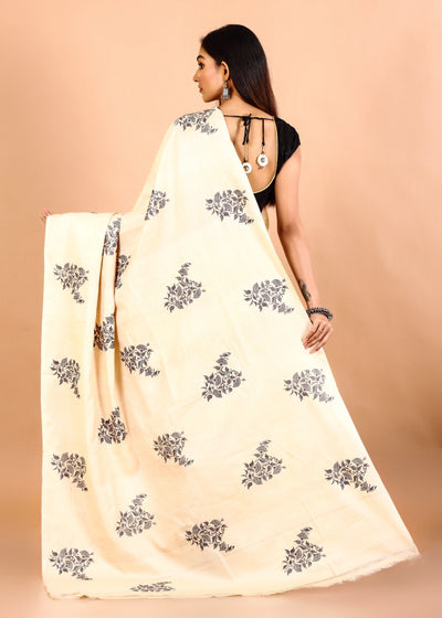 Beige Gachi Tussar Black Floral Embroidery Saree With Half Stripes