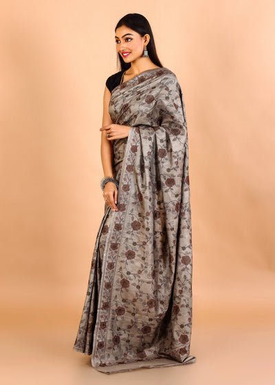 Grey Gachi Tussar Ornamental Embroidery Saree With Full Body Design