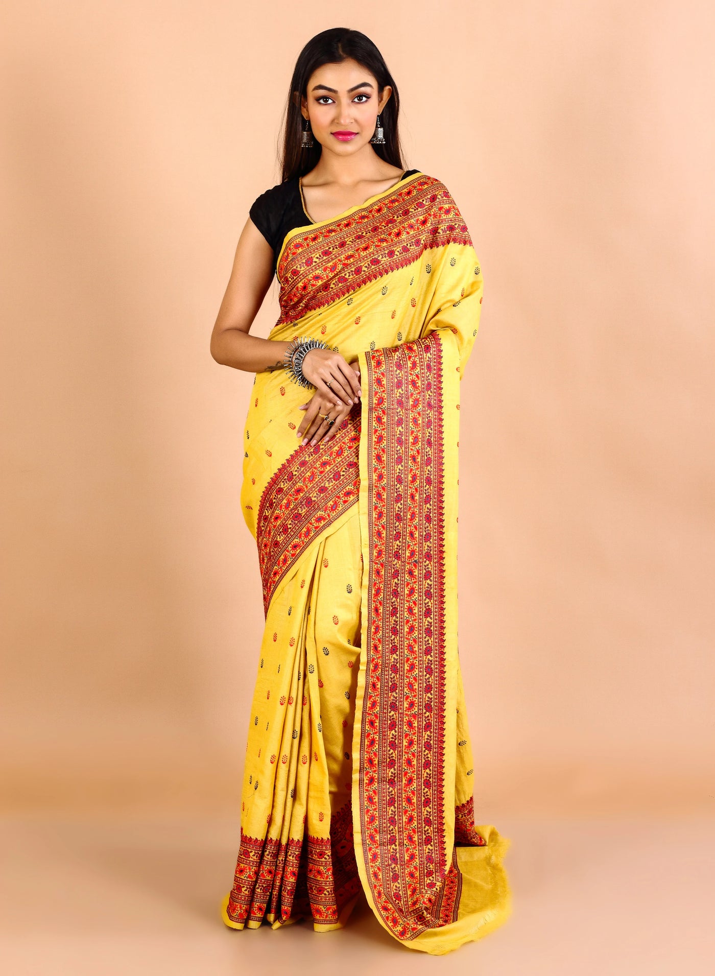 Yellow Gachi Tussar Ornamental Embroidery Saree With Wide Border