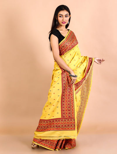 Yellow Gachi Tussar Ornamental Embroidery Saree With Wide Border