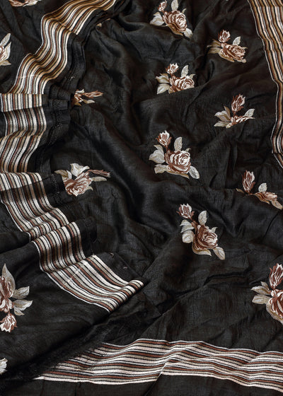 Black Gachi Tussar Floral Embroidery Saree