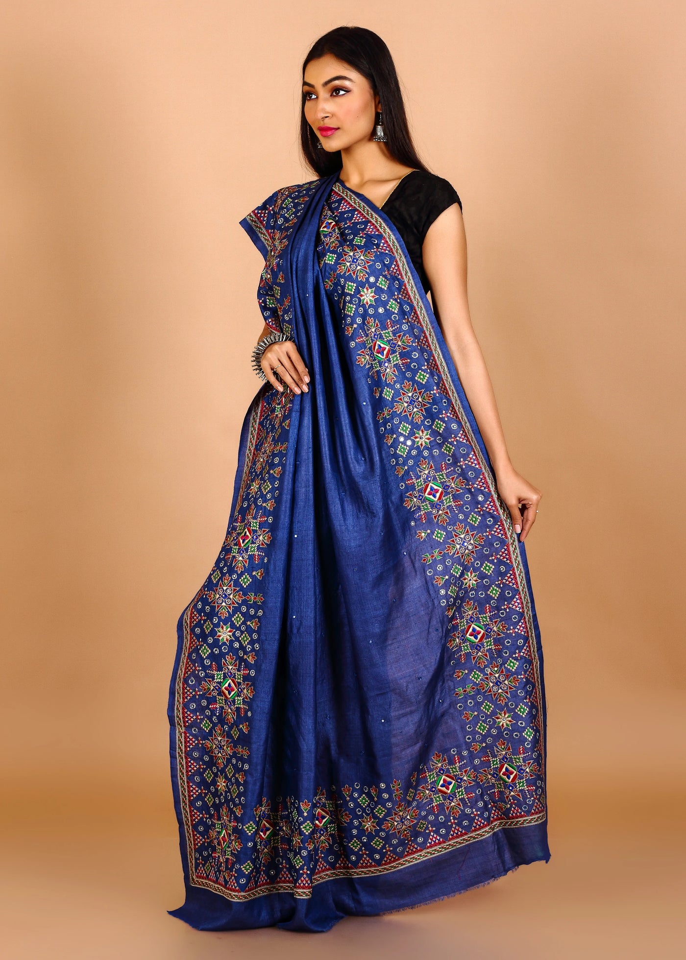 Blue Gachi Tussar Fulkari Embroidery Saree