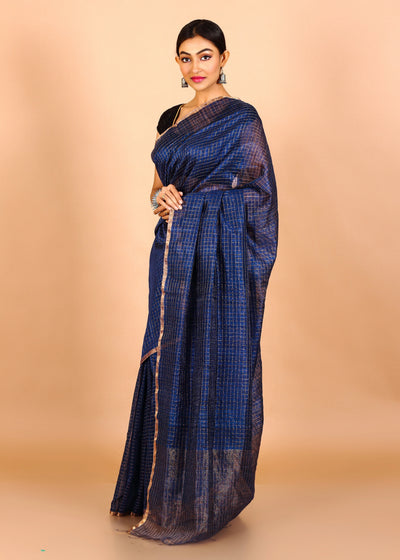 Blue Matka Silk Checks Embroidery Saree With Jadi Border