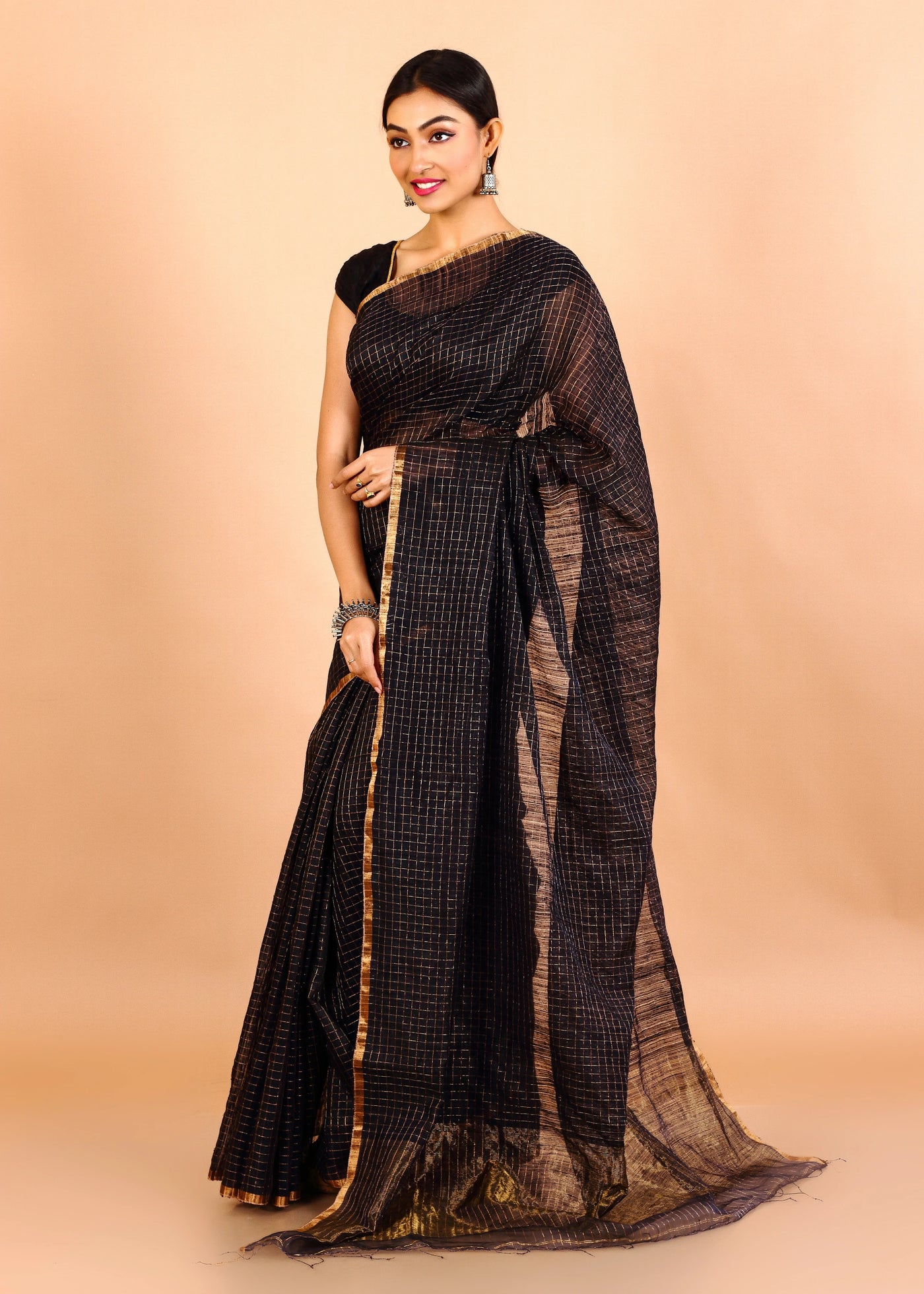 Black Matka Silk Checks Embroidery Saree With Jadi Border