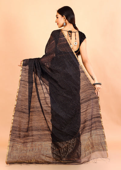 Black Matka Silk Checks Embroidery Saree With Jadi Border