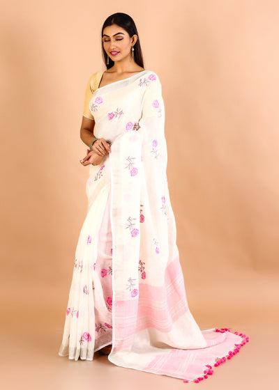 White Pure Linen Floral Embroidery Saree With Jadi Border pompom