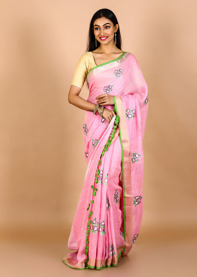 Pink Pure Linen Floral Embroidery Saree With Jadi Border pompom