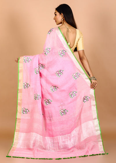 Pink Pure Linen Floral Embroidery Saree With Jadi Border pompom