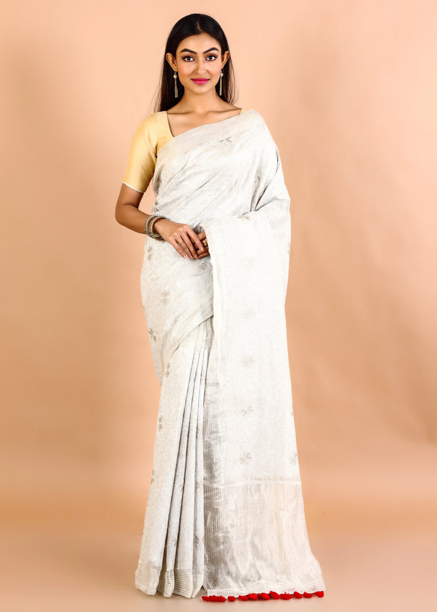 White Matka Silk Floral Embroidery Saree With Full Body Design