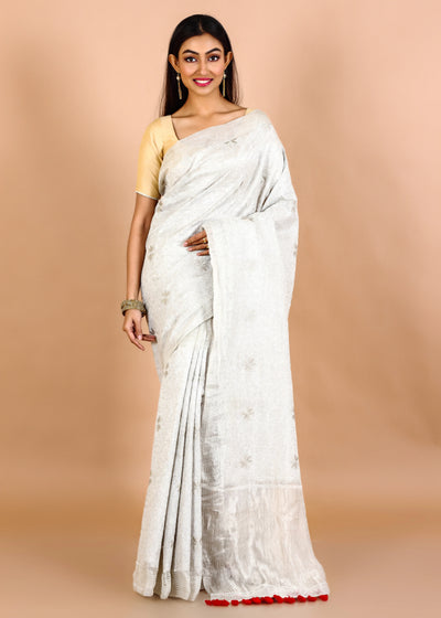 White Matka Silk Floral Embroidery Saree With Full Body Design