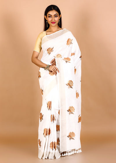 White Silk Linen Floral Embroidery Saree With Full Body Design
