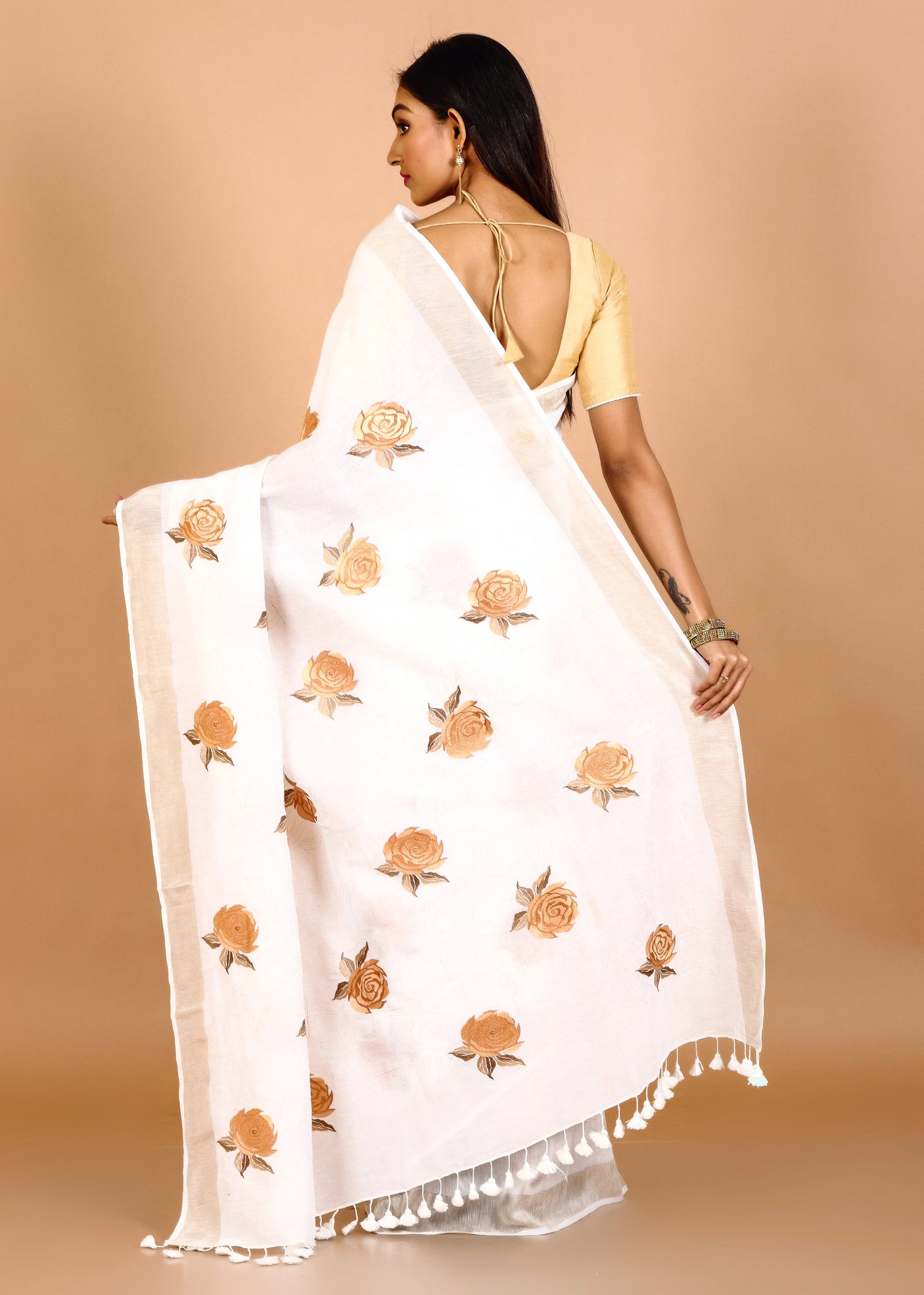 White Silk Linen Floral Embroidery Saree With Full Body Design
