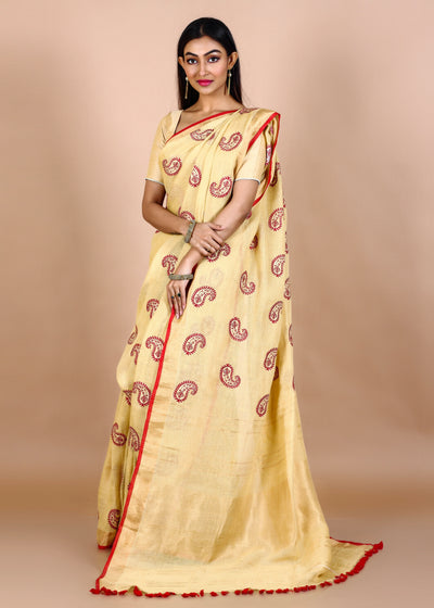 Gold Pure Linen Kalka Embroidery Saree
