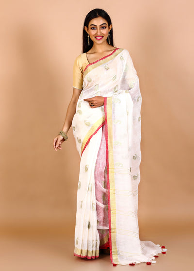 White Pure Linen Kalka Embroidery Saree