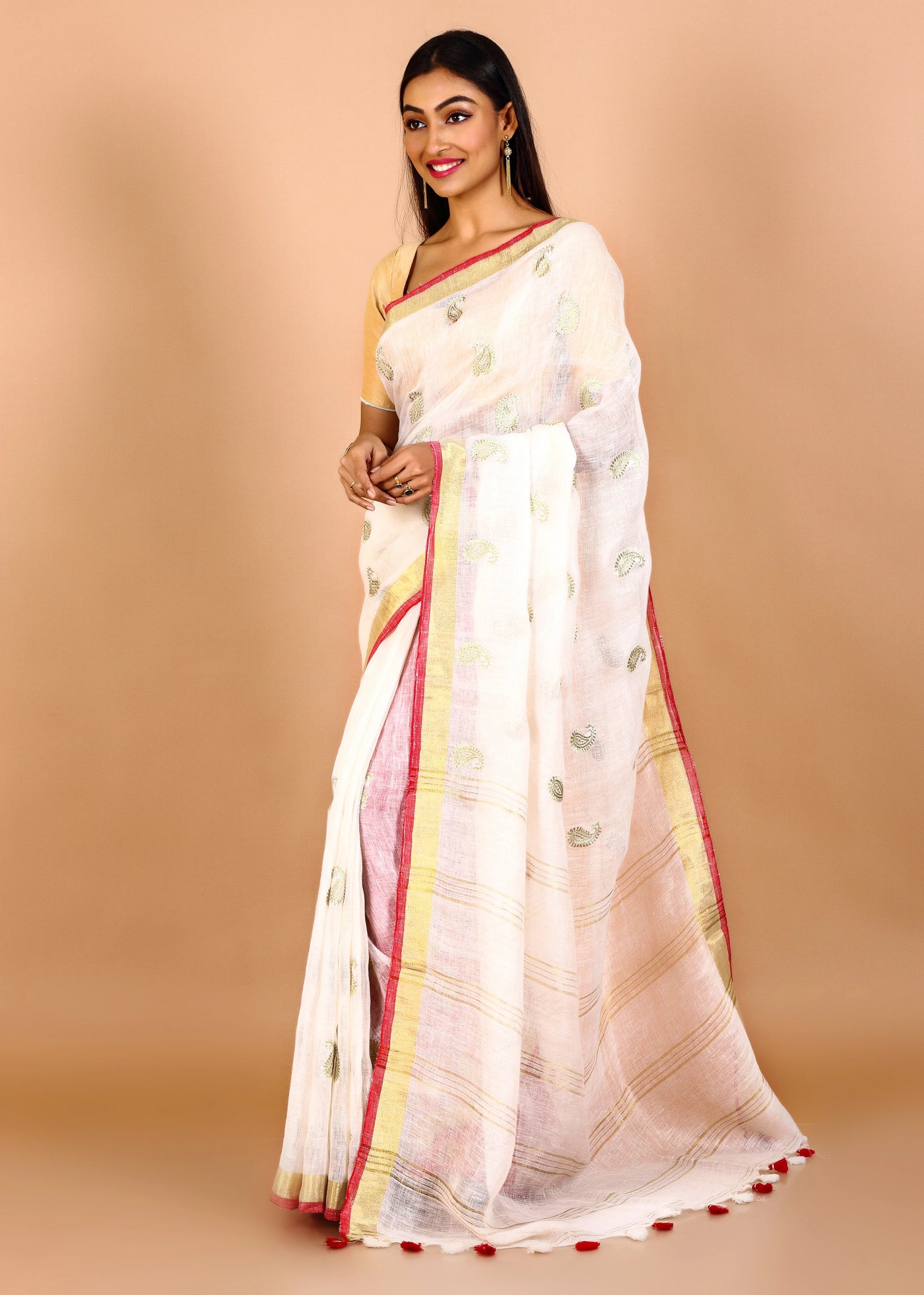 White Pure Linen Kalka Embroidery Saree