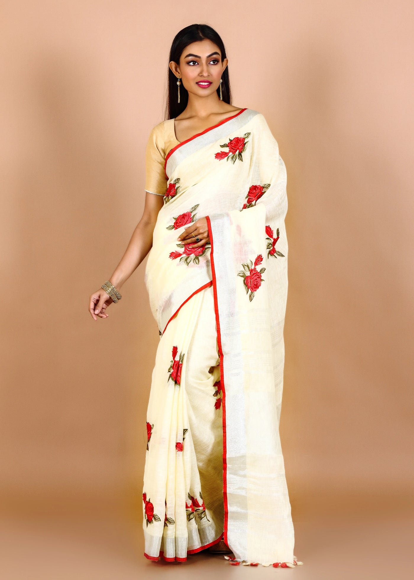 Off White Pure Linen Floral Embroidery Saree