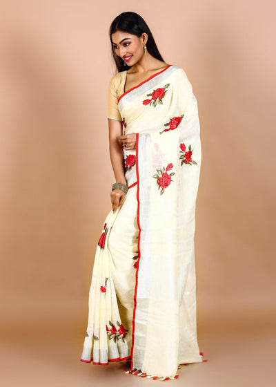 Off White Pure Linen Floral Embroidery Saree