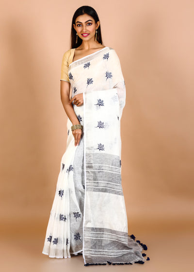 White Pure Linen Floral Embroidery Saree